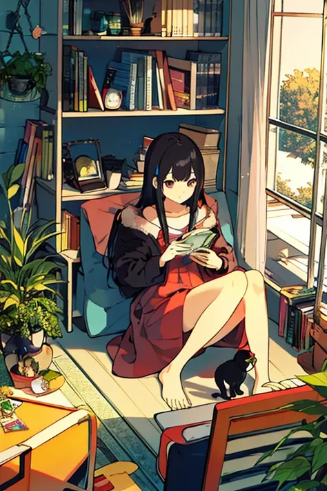 One Girl, From above, plant, Black Hair, Cat, Lying down, indoor, Holding, Long sleeve, Long Hair, 動物のstuffed toy, potted plant, Book, food, window, Telephone, Extensive interior, tv set, short hair, behind, stuffed toy, bangs, slipper, barefoot, Sitting, ...