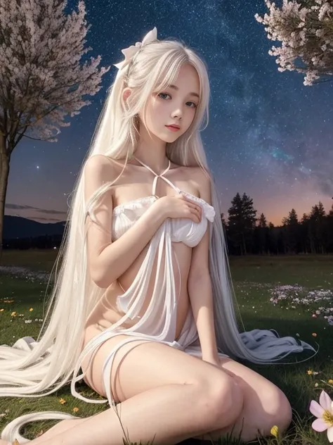 17 year old girl, long white hair, Very curly, ribbon on the neck, Skinny body, small bust, naked, With a blanket, lying down, two hands, shows her legs, sitting on a hill at night, very starry sky, few trees, flowers illuminating, she very pretty.