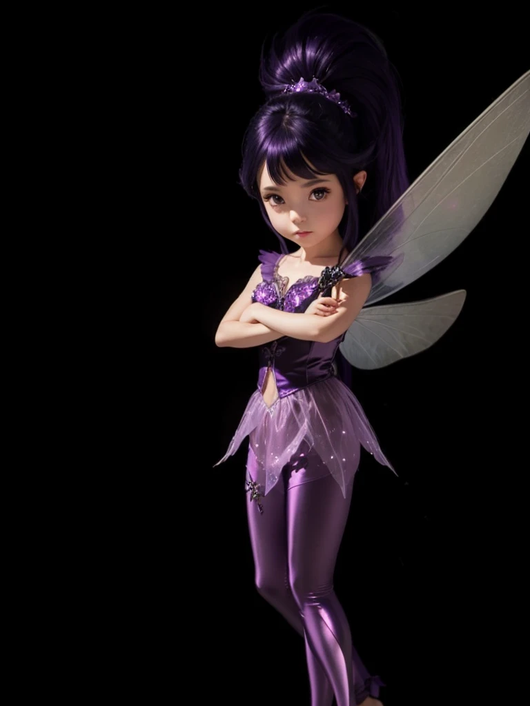 A beautiful fairy with purple outfit set, with light purple wings, black hair shiny purple