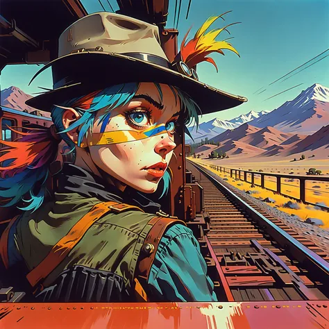 tank girl, riding the rear brakeman's end of the caboose, outfit distinct homage to cobow western, (jamie hewlett style referenc...