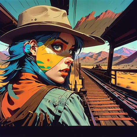 tank girl, riding the rear brakeman's end of the caboose, outfit distinct homage to cobow western, (jamie hewlett style referenc...