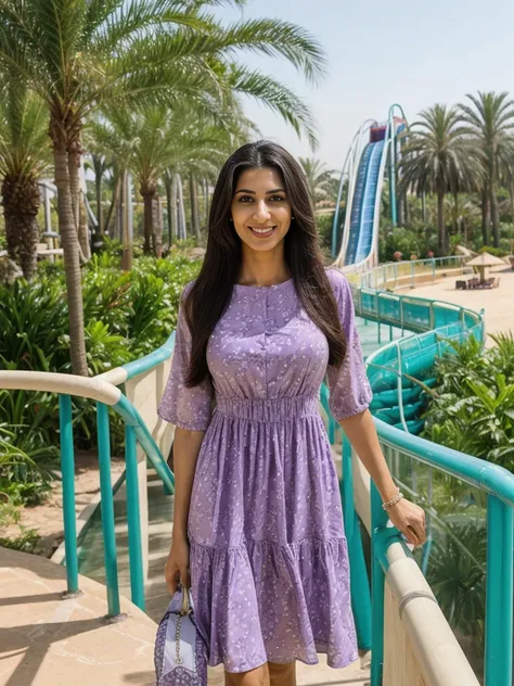 Rania, 1girl, solo, ((Egyptian woman)), consistent face and body, ((MILF)), ((30 years old)), (mature), ((slim)), ((Egyptian face)), (Egyptian nose), (Egyptian lips), ((long straight hair)), upper body and upper legs, (background: overlooking Aquaventure W...