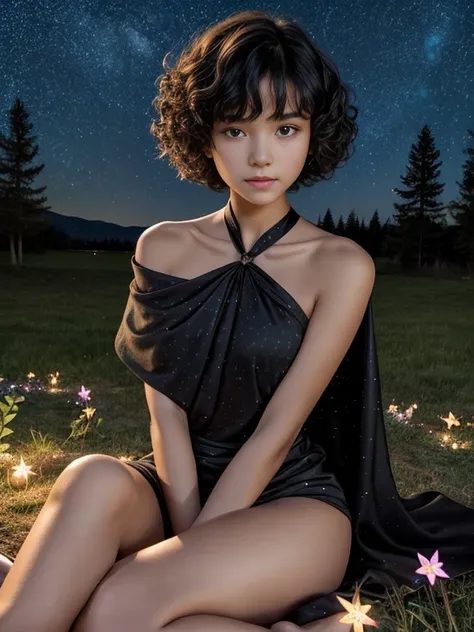 15 year old girl, short hair, black color, Very curly, ribbon on the neck, Skinny body, small bust, naked, With a blanket, lying down, two hands, shows her legs, sitting on a hill at night, very starry sky, few trees, flowers illuminating, she very pretty.