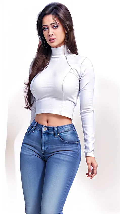 ultrarealistic glamor photo of swti woman, outdoors, realistic skin texture, looking looking at camera, blue jeans, white turtleneck, dynamic pose, simple white background 