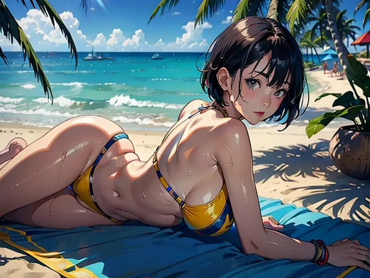 ((Highest quality, masterpiece, High resolution))、Beautiful Japanese Women、((Real anime art))、 ((1 girl))、 Normal size breasts、Slim figure、Medium Short Hair、double eyelid、Wet see-through bikini、A pareo with bold ethnic patterns and plenty of primary colors...