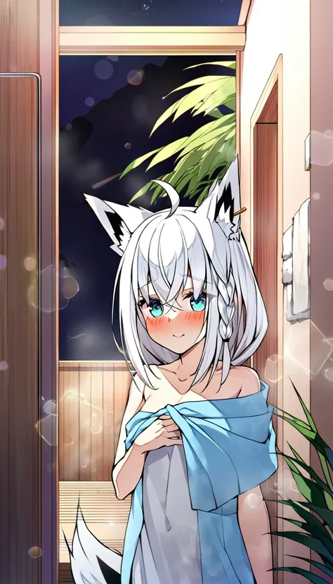 one girl, shirakami fubuki, fox ears, white hair, after taking a bath, blush, bath towel, at hotel