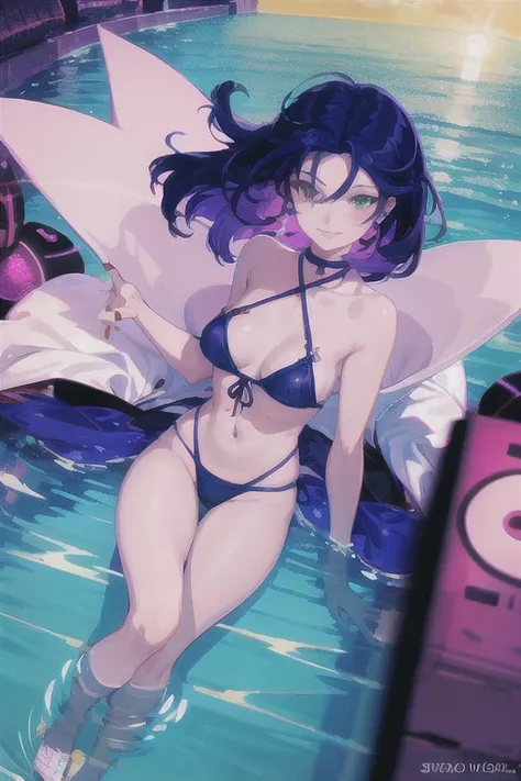 masterpiece, 4K, (Lens flare:1.4), (Wind:1.4), river, girl, Happy, smile, View your viewers, Striped Hair ((black:1.4)) ((purple:1.4)), Green Eyes, Pale skin, thin, Rabbit-themed bikini, 20-year-old, in the river, Splash, cute, Ground level shot