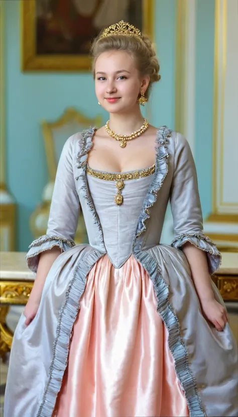 front view , standing pose,  look into the camera, russian girl, 18 year old, (blond hair, middle hair ,  wince, gray eyes, beautiful lip,  demure),  golden crescent earrings, gold necklace, (big , slender whist, wide hips, real public hair) ,(Rococo dress...