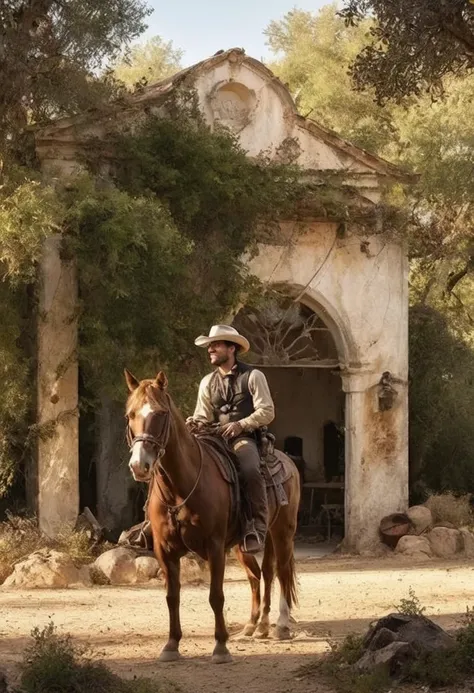 1man, cow-boy, post-modern, rodeo, a movie , steampunk cowboy hat, lasso, horse, sun set, pose d’action, detailed face, plants, ...