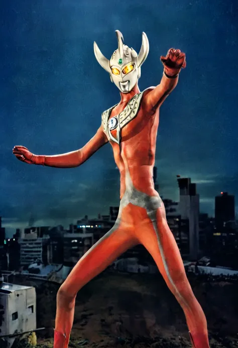 ultraman taro、tokyo cityscape、midnight、neon、a giant as tall as a building、fighting pose、slim、muscular、long limbs、weapon、gorgeous...