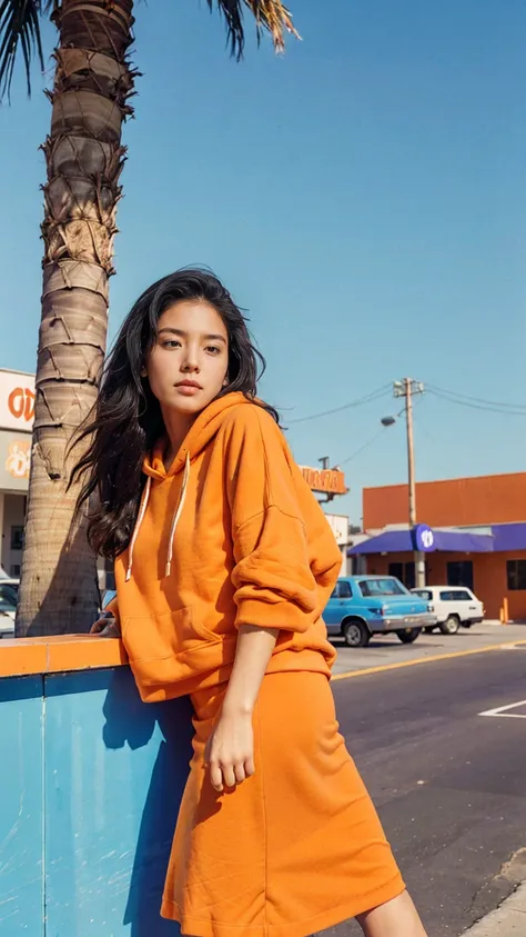 (medium shot portrait) of cute 23 yo girl ,wear ((orange color oversized_hoodie)), wear ((purple tennis skirt)),looking front,be...