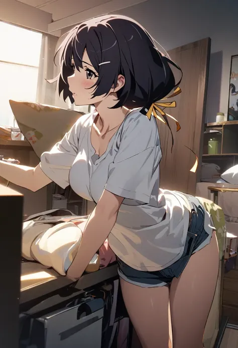 1girl, hanekawa tsubasa, monogatari (series),  shirt,shorts,room,masterpiece, best quality, absurdres,