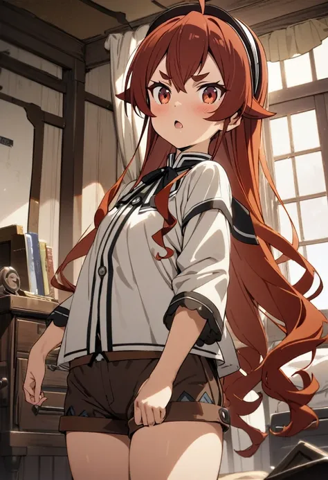 1girl, eris greyrat, mushoku tensei, shirt,shorts,room,masterpiece, best quality, absurdres,