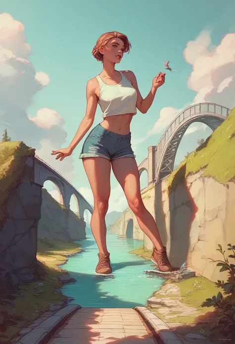 giantess 22 yeras old curvy girl standing on the wide river, she is look at bridge and tuch the bridge with her finger.