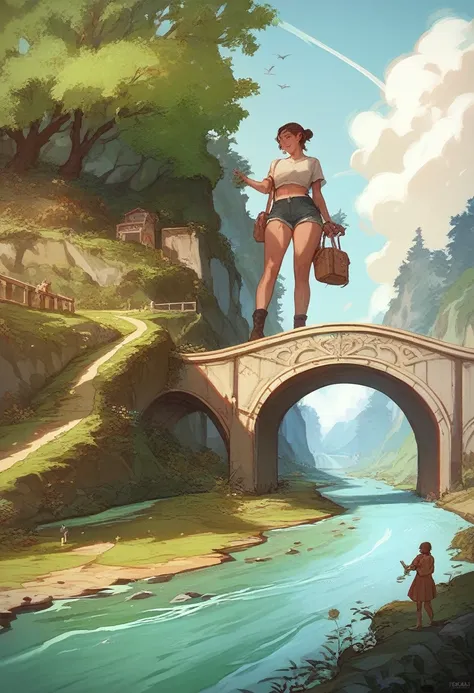 giantess 22 yeras old curvy girl standing on the wide river, she is look at bridge and tuch the bridge with her finger.