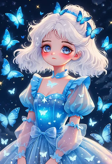 broken heart cartoon illustration，japanese anime，cartoon girl portrait，starry eyes，white fluffy hair，puff sleeve princess tulle ...