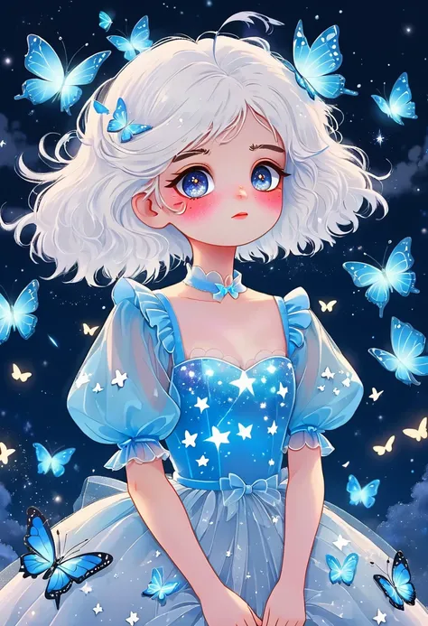 broken heart cartoon illustration，japanese anime，cartoon girl portrait，starry eyes，white fluffy hair，puff sleeve princess tulle ...