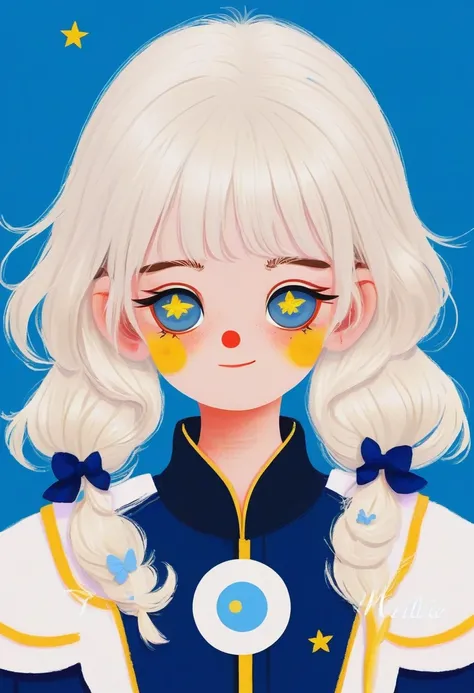 1 Girl，White hair，Colored contact lenses, Colored eyelashes，Lovely,Solid color background，blue and yellow，Artistic sense，Navy collar，Minimalist Art，Vector illustration，Flat illustration，Japanese cartoons