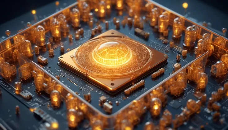 Orange,chip,Product Close-up,Close-up of the Photogram,Rendering,C4D,High-speed flow,3d,ultra-high definition texture details,Large Scale Integrated Circuit,Large-scale CPU cluster,Network communication node,Binary data stream,Special effect,(The emitted l...