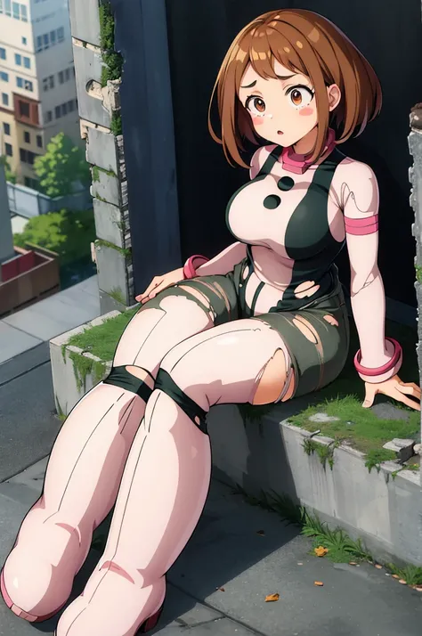 masterpiece, best quality, highres, hmochako, blush stickers, short hair, medium breasts, superhero, bodysuit, boots, ruins, building, (torn clothes:1.2), sitting