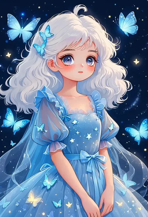 minimalism，vector cartoon illustration，japanese anime，cartoon girl portrait，starry eyes，white fluffy hair，puff sleeve princess t...