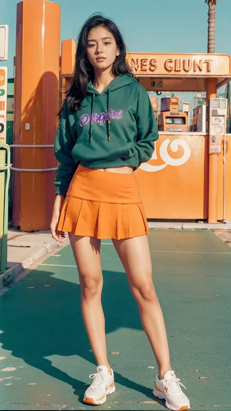 (medium shot portrait) of cute 23 yo girl ,wear ((orange color oversized_hoodie)), wear ((purple tennis skirt)),looking front,be...