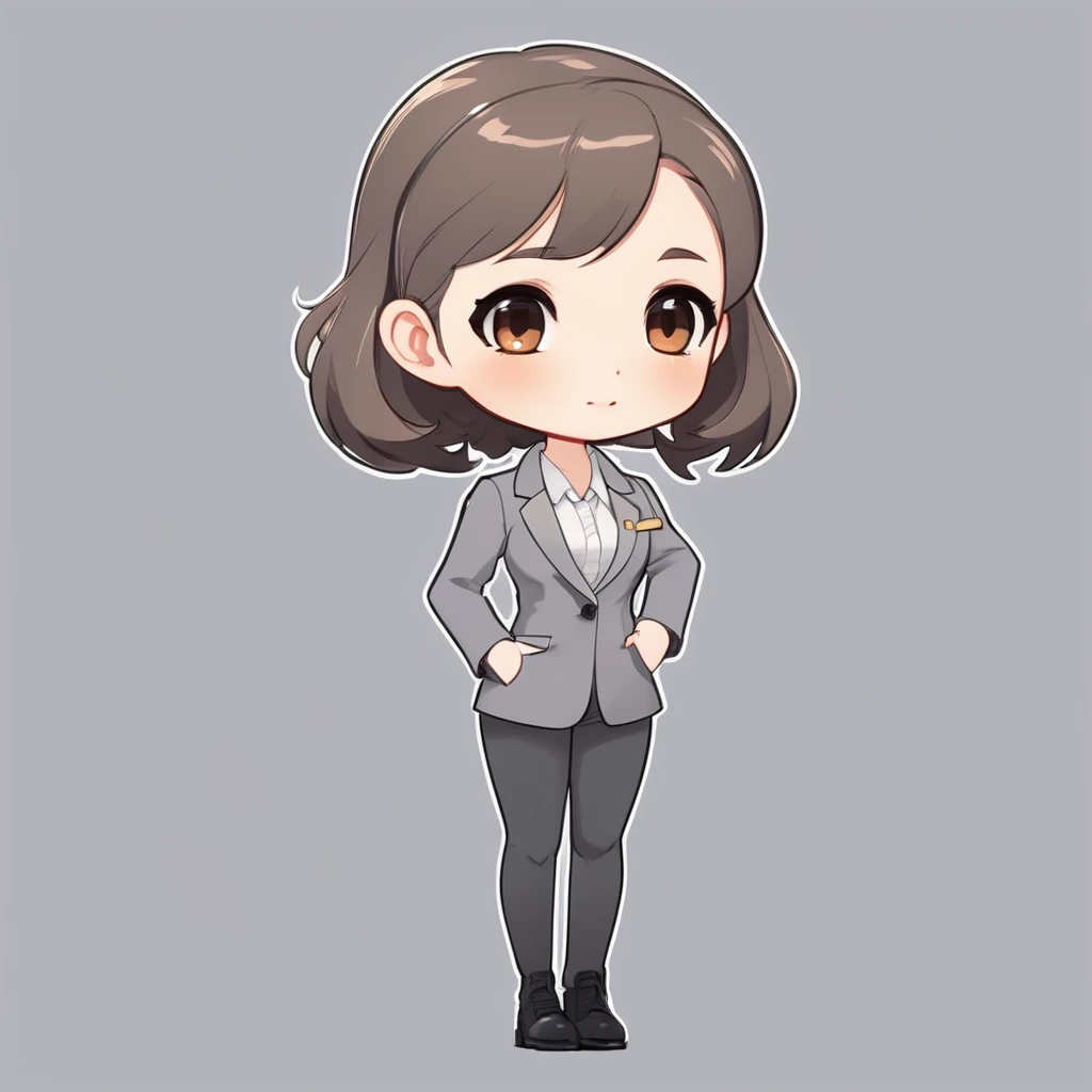 masterpiece, Highest quality, Very detailed,1 girl ,(chibi avatar:1.4),((Flat Design)),simple background,((full body)), standing,(((forehead))),(very short hair:1.3),((extra short)),brown hair,black eyes,((whitetunic blouse)),office lady,(gray blazer:1.5),...