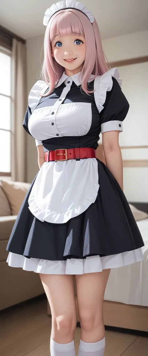 masterpiece, best quality, high resolution, 1After, Fujiwara Chika, maid dress, breast, Red belt, Bangs, large breast, Cowboy shooting, Smile, indoors, Sexy pose, breast露出, maid, Ming Daofu, black maid dress, Apro, maid Apro, mini skirt, 吊Socks带, Socks, Pu...