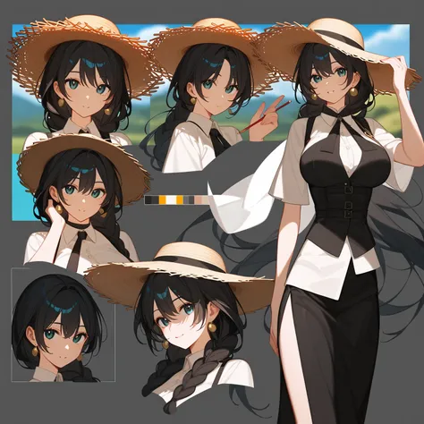 Highest quality, Ultra-detailed CG Unity 8k Wallpaper, Beautiful details、kind、Straw hat、older sister、Black Hair、Large Breasts、Droopy eyes、Tolerant、summer、田舎のolder sister、whole body画、Front view、Character Sheet、Mr.々A pose、whole body、Character portrait、Standi...