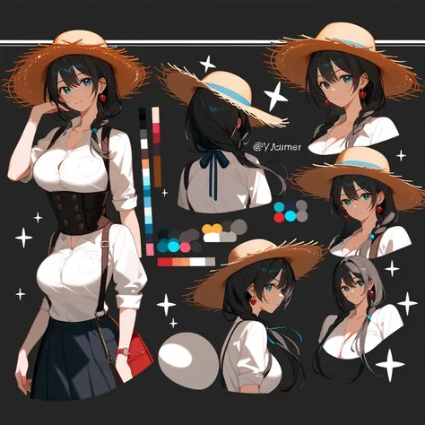 Highest quality, Ultra-detailed CG Unity 8k Wallpaper, Beautiful details、kind、Straw hat、older sister、Black Hair、Large Breasts、Droopy eyes、Tolerant、summer、田舎のolder sister、whole body画、Front view、Character Sheet、Mr.々A pose、whole body、Character portrait、Standi...