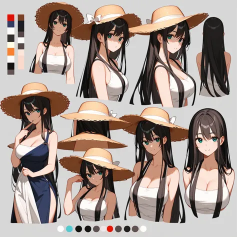 Highest quality, Ultra-detailed CG Unity 8k Wallpaper, Beautiful details、kind、Straw hat、older sister、Black Hair、Large Breasts、Droopy eyes、Tolerant、summer、田舎のolder sister、whole body画、Front view、Character Sheet、Mr.々A pose、whole body、Character portrait、Standi...