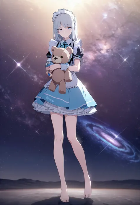 (((masterpiece))), (((best quality))),(((high detail))),light manipulation, girl with long silver hair, gradient purple to sky blue eyes, wearing a maid outfit, galaxy background, holding a teddy bear, feet, no footwear, straight face, standing