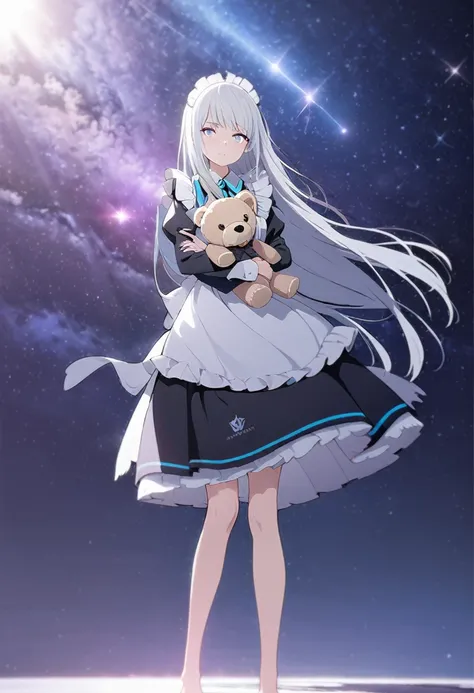 (((masterpiece))), (((best quality))),(((high detail))),light manipulation, girl with long silver hair, gradient purple to sky blue eyes, wearing a maid outfit, galaxy background, holding a teddy bear, feet, no footwear, straight face, standing