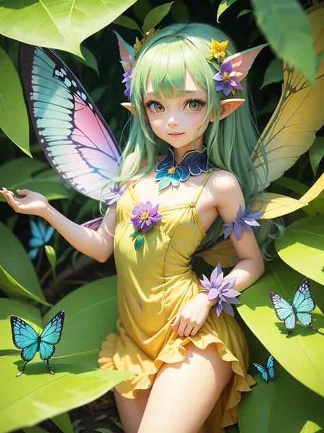 cute little Fairy, blue butterfly, yellowgreen hair, pink eyes,  yellowgreen dress pointy ears dress made of petals leaves long hair forward leaning posture leaf fairy flower clothes made of leaves thin wings gently smiling big leaves