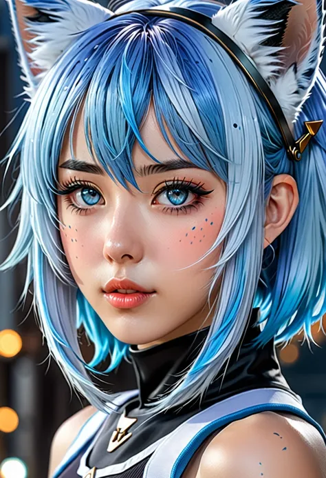 a detailed portrait of a blue-haired anime girl with cat ears, anime 2d style, beautiful detailed eyes, beautiful detailed lips, extremely detailed face, long eyelashes, ayanami style, moe anime aesthetic, digital art by Shitao, profile view, Arknights cha...