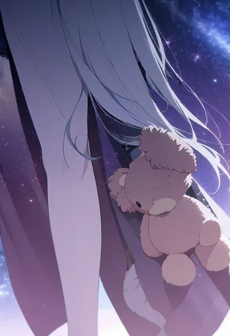 (((masterpiece))), (((best quality))),(((high detail))),light manipulation, girl with long silver hair, gradient purple to sky blue eyes, wearing a maid outfit, galaxy background, holding a teddy bear, feet, no footwear, straight face, standing, close up