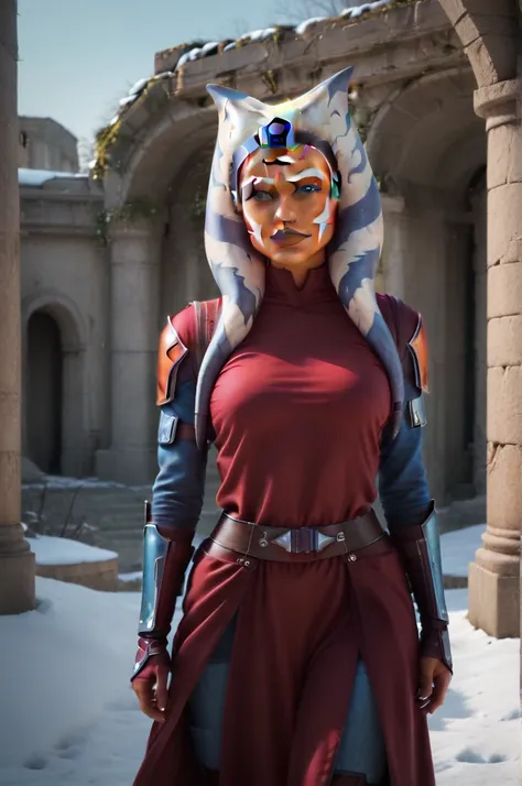 a ((fall body)) ((ahsoka))) (()) (())mandalorian,walking on snow coverd ruins , ((green fire eyes )) , beautiful detailed eyes, ...