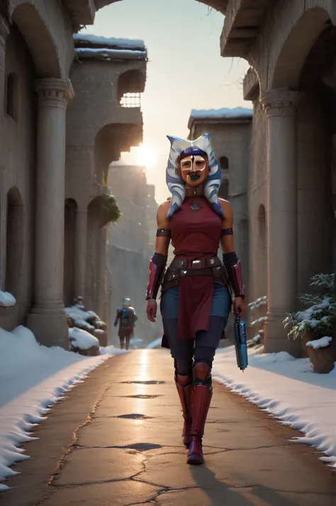 a ((fall body)) ((ahsoka))) (()) (())mandalorian,walking on snow coverd ruins , ((green fire eyes )) , beautiful detailed eyes, ...