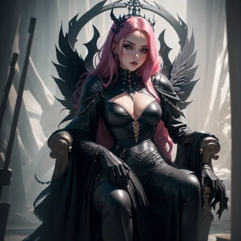 arafed woman in a black leather outfit standing in a throne, karol bak uhd, beautiful elegant demon queen, gothic fantasy art, 3 d render character art 8 k, seductive cyberpunk dark fantasy, dark fantasy style art, villainess has black angel wings, dark fa...