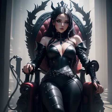 arafed woman in a black leather outfit standing in a throne, karol bak uhd, beautiful elegant demon queen, gothic fantasy art, 3 d render character art 8 k, seductive cyberpunk dark fantasy, dark fantasy style art, villainess has black angel wings, dark fa...