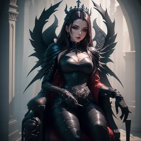 arafed woman in a black leather outfit standing in a throne, karol bak uhd, beautiful elegant demon queen, gothic fantasy art, 3 d render character art 8 k, seductive cyberpunk dark fantasy, dark fantasy style art, villainess has black angel wings, dark fa...