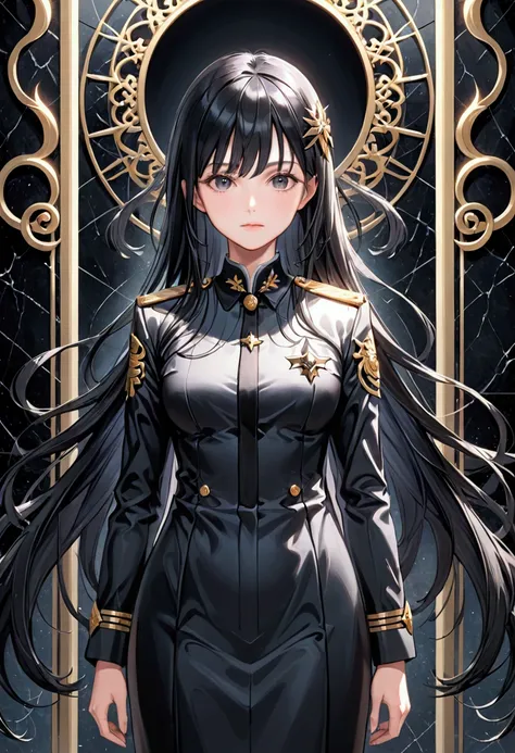 Mature Girl with long dark onyx hair, dark onyx eyes,tall rectangular body figure, uniform