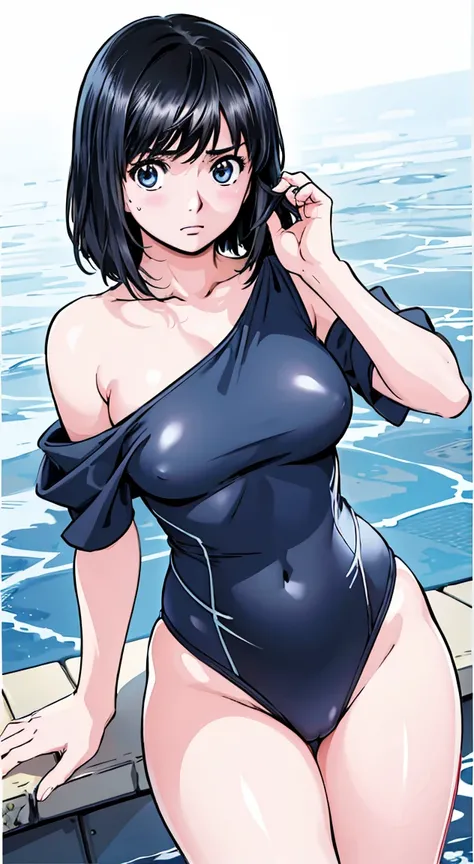 Black Hair、(Shoulder-length hair、Black Hair)、Navy blue competitive swimwear、(Highest quality:1.3)、One girl、(((Shoulder-length hair、Black Hair)))、Cowboy Shot、At the school pool、Naked butt、Big Ass、Sweat、masterpiece, Highest quality, High resolution, 超High re...