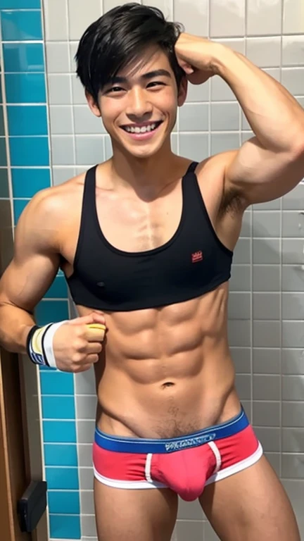 Japanese men、13 years old、Muscles and smooth skin、Very short black hair、A relaxed and friendly smile、colorful boxer briefs、The whole body is well visible、Fist pump in the bathroom、