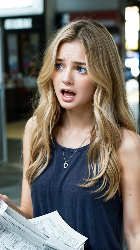 Emily, a distressed young woman with clear blue eyes and tears running down her cheeks, is screaming in fear. She has long, blonde hair styled in a casual, tousled look with natural waves and a healthy shine. She is dressed in a summer tank top. She is sur...