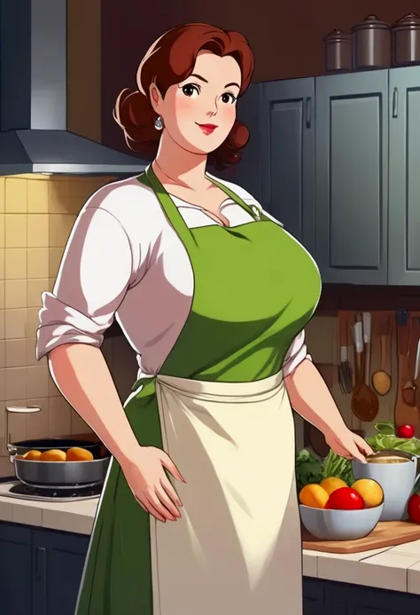 a tall plump mother with huge breasts in apron, kitchen background