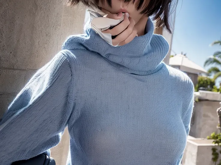 (((masterpiece, best quality,ultra-detailed,8k,high resolution))), (upper body),24 years old ,Japanese girl, 1girl, short hair, (Cover half face with a turtleneck sweater:1.7),grabbing turtleneck collar, 
Half a face out of a sweater