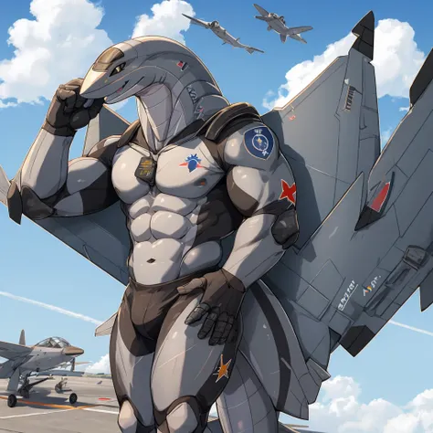 Aeromorph, male, eurofighter typhoon, black sclera, white pupils, plane wings, plane tail, grey body, posing, sunny day, alone, 