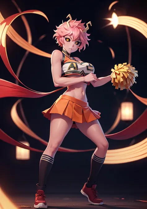 mina ashido, 1girl, solo, looking at viewer, short hair, simple background, yellow eyes, pink hair, horns, colored skin, colored sclera, black sclera, pink skin, U.A. CheerUniform, orange skirt, cheerleader, ((bare belly)), perfect shading, bare shoulders,...