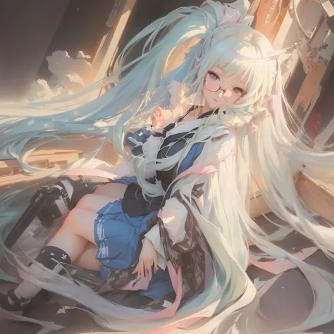 An anime girl with long white hair and a blue dress is sitting on a boat, Anime Style 4k, artstation pixivでトレンド, Digital art on Pixiv, guweiz on pixiv artstation, blonde long hair anime girl, Advanced Digital Animation Art, Guweiz on ArtStation Pixiv, Zero...